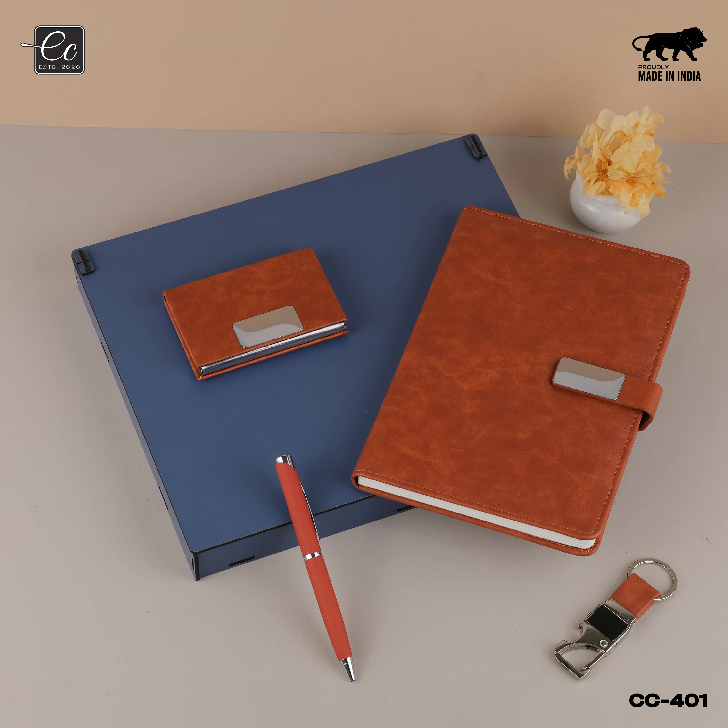 4 in 1 Corporate Gift Set includes Personalized Diary, Pen, Card Holder & Keychain